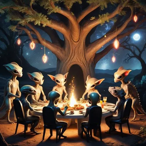 gnomes at table,treepeople,campfire,chipko,celebration of witches,druids,Conceptual Art,Sci-Fi,Sci-Fi 13