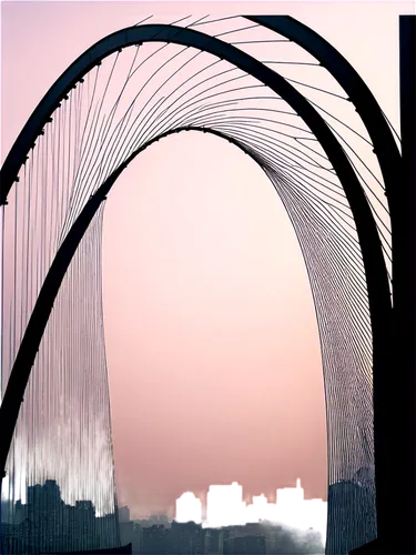 Modern bridge, steel arches, suspension cables, urban landscape, misty morning, soft golden light, 3/4 composition, low-angle shot, dramatic shadows, high contrast, cinematic atmosphere, shallow depth