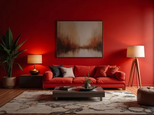 red wall,red paint,modern decor,contemporary decor,interior decor,red tones,sitting room,landscape red,livingroom,interior decoration,living room,the living room of a photographer,interior design,coccinea,search interior solutions,decors,mid century modern,home interior,light red,apartment lounge,Photography,General,Realistic