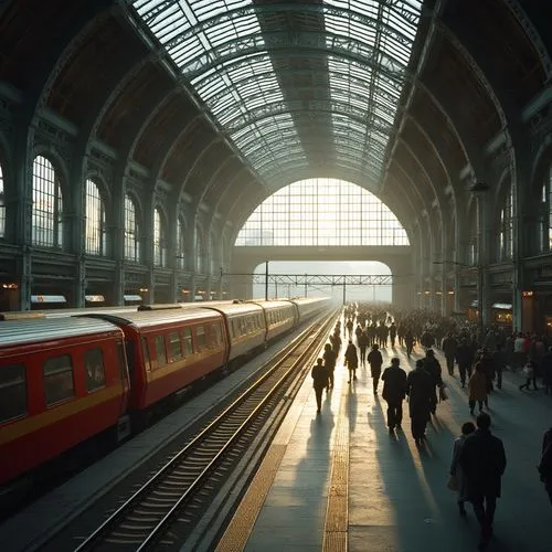 Grand train station, high ceilings, natural light pouring in, glass roof, steel framework, modern architecture, urban cityscape, bustling atmosphere, morning commute, soft warm lighting, shallow depth