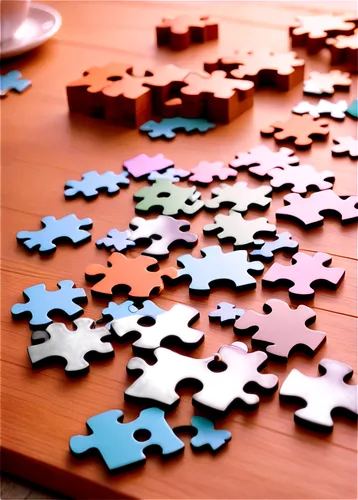 Jigsaw puzzle pieces, scattered on table, warm wood texture, morning sunlight, soft focus, shallow depth of field, warm color tone, realistic, cinematic lighting, close-up shot, 3/4 composition.,piece