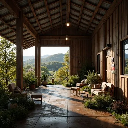 Rustic barn, weathered wooden facade, corrugated metal roof, overgrown vegetation, abandoned agricultural equipment, rural landscape, rolling hills, serene natural surroundings, eclectic interior desi