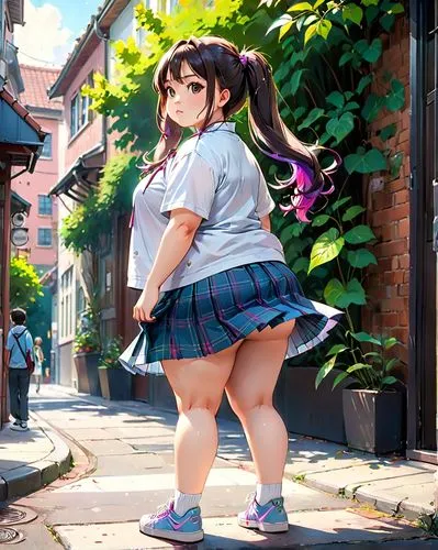 chubby college student in white pleated and top with short plaid skirt, side view, full body, perfect chubby body, long dark hair with long thick flowing symmetrical pigtails, symmetrical, intricate d