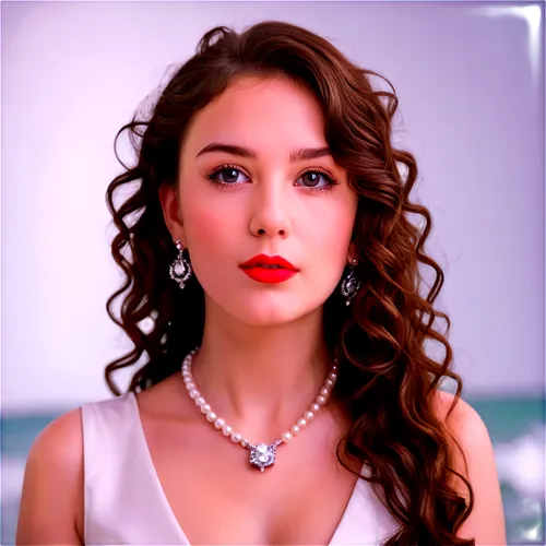 Sparkling diamond necklace, elegant lady, solo, (25yo), beautiful detailed eyes, light blush, curly brown hair, pearl earrings, red lips, white skin, luxurious velvet background, shallow depth of fiel