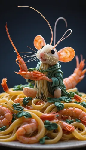 Create a whimsical tale about talking shrimp who cook pasta for a family of mice.,scampi shrimp,scampi,capellini,shrimpfood,fettuccine and shrimp,shrimp inspector gadget,linguine,shrimp pasta,spaguett