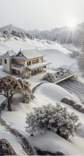 korean village snow,winter house,snow landscape,fragrant snow sea,snow scene,house in mountains