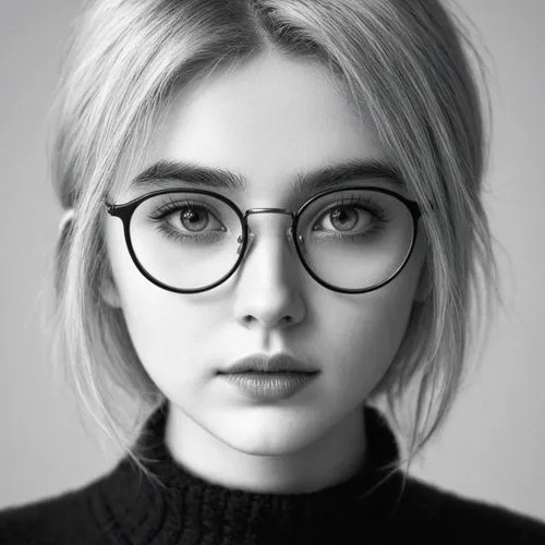 女生，黑白，眼镜，黑色毛衣,a young woman with black glasses on top of her head,glasses,silver framed glasses,with glasses,spectacles,ski glasses,girl portrait,Illustration,Black and White,Black and White 13