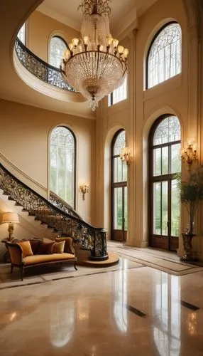 Luxurious arch interior, grand entrance hall, high ceiling, cream marble floor, golden chandelier, curved staircase, ornate balustrade, velvet sofa, antique wooden table, crystal vase, floor-to-ceilin