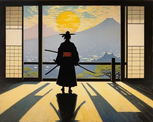 ozu,ukiyoe,woman silhouette,hakama,geiko,japanese woman,kyudo,japan landscape,tea ceremony,japanese art,rakugo,geisha,japan's three great night views,silhouette art,kumano kodo,zazen,rising sun,sakimoto,japan,maiko,Art,Artistic Painting,Artistic Painting 04