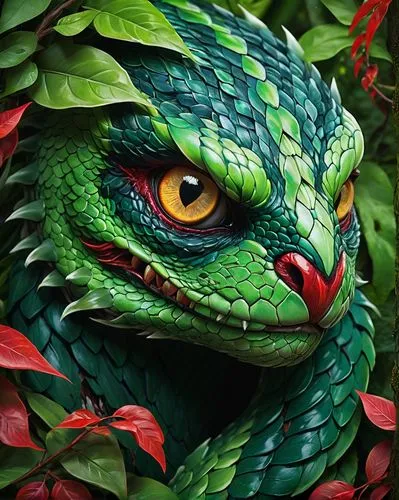 green python,painted dragon,quetzalcoatl,lagarto,emerald lizard,quetzal,green iguana,green snake,basiliscus,panther chameleon,basilisk,chameleon abstract,green tree snake,iguana,pitviper,forest dragon,beautiful chameleon,vipera,serpiente,maguana,Illustration,Realistic Fantasy,Realistic Fantasy 45