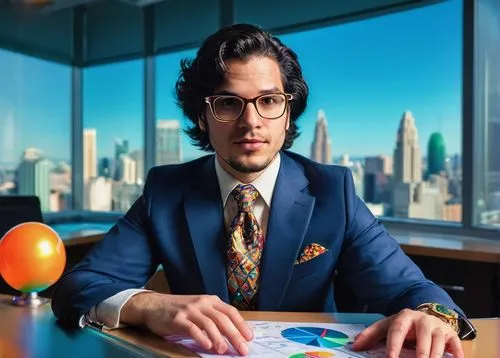 Salesforce data architecture and management designer, solo, (30yo), serious facial expression, glasses, short black hair, suit, white shirt, tie, sitting, office chair, desk, laptop, multiple screens,