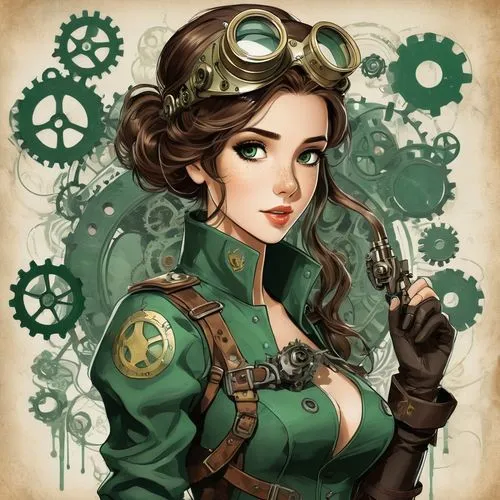 steampunk,steampunk gears,mechanic,girl with gun,operator,engineer,watchmaker,lady medic,vintage girl,biologist,drone operator,retro girl,gunsmith,ying,game illustration,mechanical,woman holding gun,female worker,bicycle mechanic,girl with a gun,Conceptual Art,Fantasy,Fantasy 25