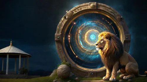 an abstract illustration of a lion sitting on the ground in front of a portal,qabalah,aslan,stargates,kion,fantasy picture,mythologie,goldlion,urantia,aleu,mythography,hermeticism,pandorica,kelpie,the