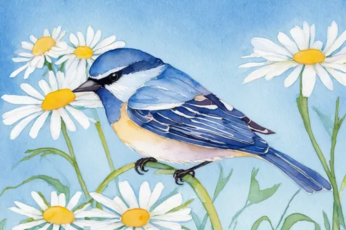 bird painting,blue birds and blossom,flower and bird illustration,spring bird,western bluebird,bluebird,blue bird,watercolor bird,male bluebird,meadow bird,bird illustration,blue wren,bluejay,titmouse,lazuli bunting,eastern bluebird,fairywren,blue jay,mountain bluebird,bird flower,Illustration,American Style,American Style 12