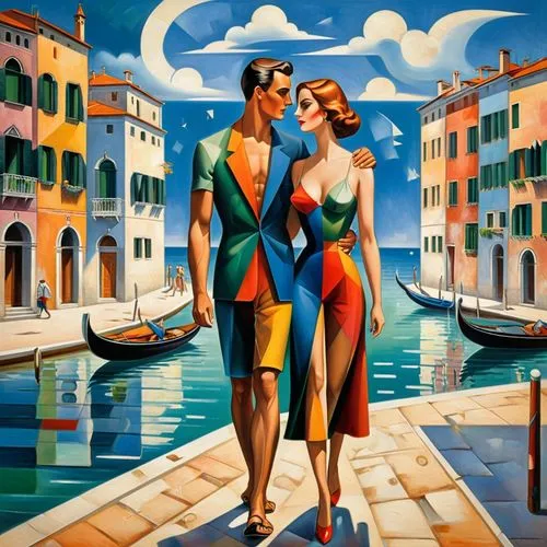 young couple,vintage man and woman,david bates,gondolier,italian painter,italian poster,art deco,art deco woman,lido di ostia,vintage art,vintage boy and girl,venetian,roaring twenties couple,two people,art deco frame,viareggio,as a couple,dancing couple,swimming people,romantic scene,Art,Artistic Painting,Artistic Painting 45