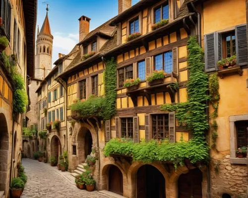 Normandy style architecture, medieval castle, stone walls, tall spires, grand halls, stained glass windows, ornate doorways, ivy-covered facades, rustic wooden doors, cobblestone streets, quaint townh