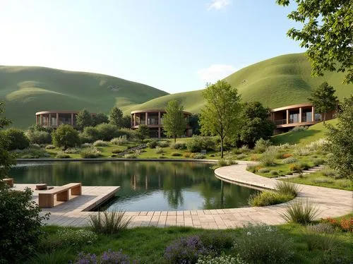 huacachina oasis,3d rendering,green valley,sunol,render,green landscape,landscaped,huacachina,3d rendered,green space,ecoterra,indian canyon golf resort,green living,the hills,ponds,hillside,ecovillages,mountain valley,minavand,yountville