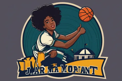 Create a retro-style Ja Morant logo for a nostalgic sports event.,basketball player,slam dunk,woman's basketball,nba,jheri curl,jaffa,bari,women's basketball,basketball official,dame’s rocket,basketba