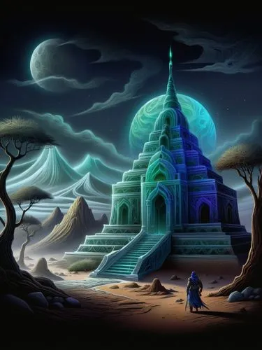 the artist's rendering shows a surreally constructed structure surrounded by mountains,fantasy picture,fantasy landscape,ancient city,fantasy art,cartoon video game background,mausoleum ruins,backgrou