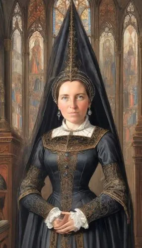 gothic portrait,portrait of christi,girl in a historic way,the hat of the woman,portrait of a girl,portrait of a woman,woman holding pie,praying woman,mystical portrait of a girl,the prophet mary,joan of arc,medieval hourglass,conical hat,tudor,church painting,girl with cloth,woman's hat,woman praying,the angel with the veronica veil,girl in cloth,Digital Art,Comic