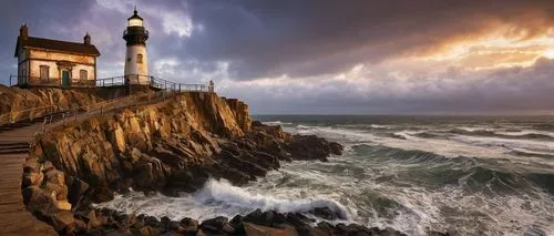 Lighthouse, tall, slender, white, cylindrical body, lantern room, glass dome, spiral staircase, nautical details, rusty metal door, weathered wooden dock, rocky coastline, crashing waves, misty atmosp