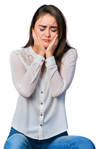 Woman, crying, solo, beautiful detailed eyes, tears streaming down face, messy mascara, brown hair, soft makeup, white blouse, blue jeans, bare feet, sitting on floor, hands covering face, sorrowful e