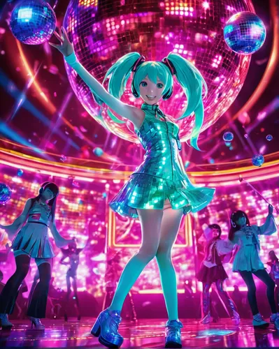 hatsune miku,miku,disco,prism ball,mikuru asahina,japanese idol,idol,naginatajutsu,concert dance,mirror ball,fantasia,miku maekawa,prismatic,harajuku,nico,cyan,umiuchiwa,circus stage,tokyo ¡¡,vocaloid,Illustration,Realistic Fantasy,Realistic Fantasy 38