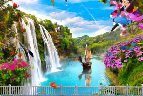 waterfall with a boat and birds next to fence,imaginationland,fairyland,cartoon video game background,3d fantasy,everland,fairy world