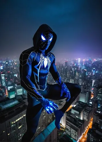 Spider-Man, blue lantern costume, solo, (20yo), muscular build, web-slinging pose, half-masked face, bright blue eyes, messy black hair, streetlamp, cityscape, Tokyo skyscrapers, vibrant neon lights, 