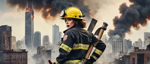 Female firefighter, calendar girl, strong athletic build, short hair, sweaty, dirty face, smudge on cheek, red lipstick, muscular arms, toned legs, black firefighting suit, yellow helmet, heavy boots,