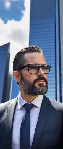 Middle-aged, male architect, formal wear, black glasses, slicked-back hair, well-groomed beard, white shirt, dark blue tie, black suit, holding a folder, standing in front of a modern skyscraper, city