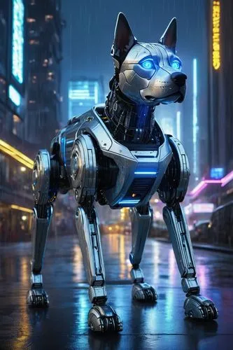 Futuristic robotic dog, DALL-E2, metallic body, glowing blue eyes, shiny silver fur, mechanical legs, advanced AI system, sci-fi background, neon lights, cityscape, skyscrapers, rainy night, misty atm