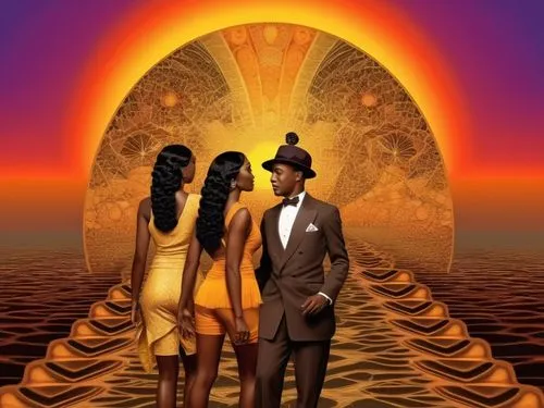 fractal sunset at africa,kemet,afrofuturism,roaring twenties couple,golden weddings,elopement,loving couple sunrise,black couple,eclipsed,sekhmet,vintage couple silhouette,man and woman,man and wife,b