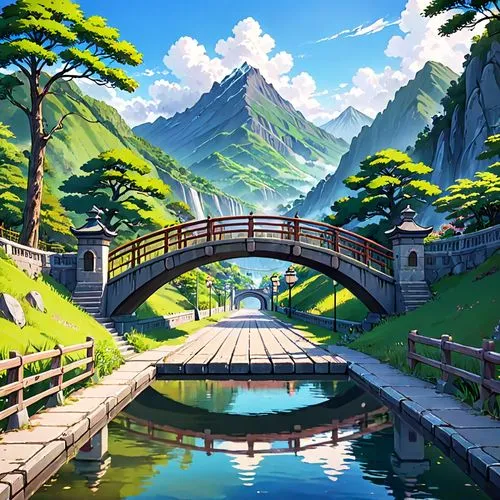 scenic bridge,wooden bridge,landscape background,mountain scene,japan landscape,dragon bridge,mountain landscape,studio ghibli,idyllic,mountainous landscape,mountain world,japanese alps,bridge,mountain valley,mountain spring,nature landscape,river landscape,fantasy landscape,log bridge,beautiful landscape,Anime,Anime,Traditional