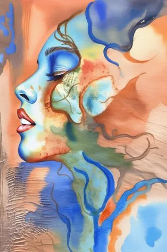 watercolor paint strokes,uvi,demoiselles,woman thinking,woman's face,digital artwork,Illustration,Paper based,Paper Based 24