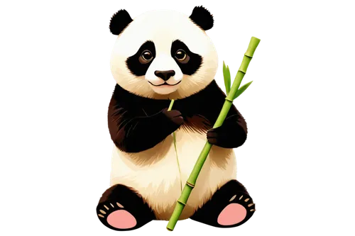 Cute panda, white fur, black eyes, pink nose, round face, chubby cheeks, sitting posture, holding bamboo stick, green bamboo leaves, soft focus, warm lighting, shallow depth of field, 3/4 composition,