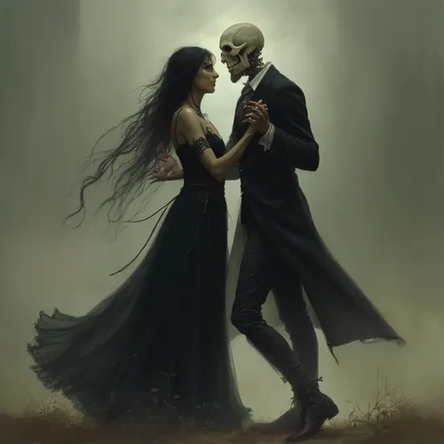 The Couple dances,two people are standing together and one has his hands behind the other,danse macabre,dead bride,dancing couple,elopement,gothic portrait,mourners