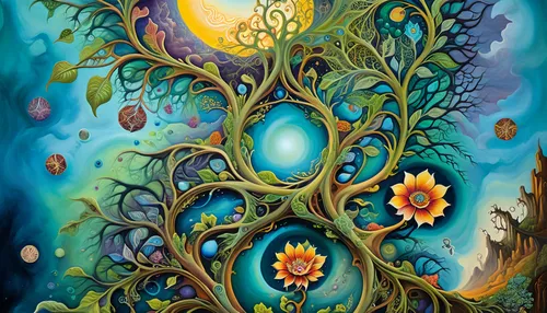 flourishing tree,colorful tree of life,celtic tree,tree of life,spring equinox,mother earth,magic tree,the branches of the tree,mantra om,anahata,abundance,prosperity and abundance,earth chakra,shamanism,boho art,heart and flourishes,sacred fig,pachamama,the branches,shamanic,Illustration,Realistic Fantasy,Realistic Fantasy 40