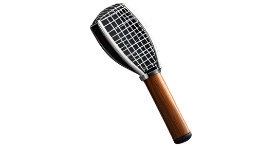 Cricket, sports equipment, wooden handle, leather grip, metal grille, shiny surface, detailed texture, stadium background, daytime lighting, soft focus, 3/4 composition, shallow depth of field, realis