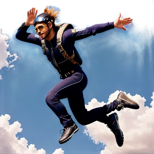 Free fall, solo figure, male, adult, athletic build, muscular arms, dynamic pose, skydiving gear, helmet, goggles, jumpsuit, backpack, spread legs, arms outstretched, wind-swept hair, intense facial e