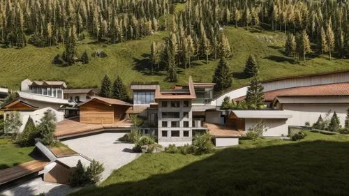 modern building made of wood and concrete, austrian alps, mountain, sloped grass terrain, historic surrounding buildings, trees, cobblestone roads, grass, wood, concrete, plaster,,alpine village,mount