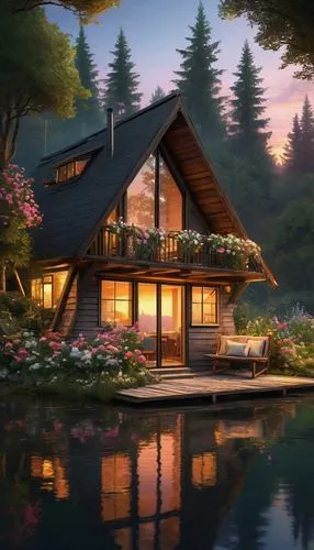 Modern love shack, romantic getaway, secluded cottage, wooden structure, A-frame roof, large windows, cozy interior, soft lighting, warm fireplace, plush rug, comfortable couch, minimalist decor, surr