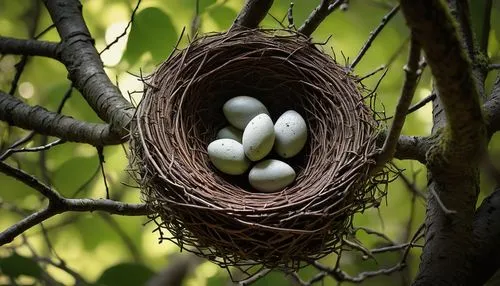 Avian architect, bird's-eye view, intricate nest structure, twig gathering, pecking, weaving, mud application, delicate branch balancing, feathered designer, engineering marvel, natural materials, ear