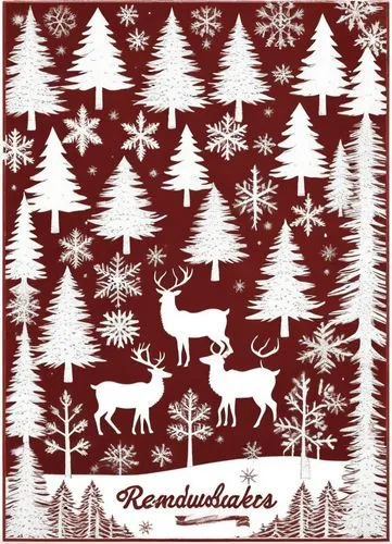 a red and white christmas card with a reindeer, snowflakes, and pine trees,christmas pattern,reindeer polar,reindeers,buffalo plaid reindeer,reindeer from santa claus,reindeer