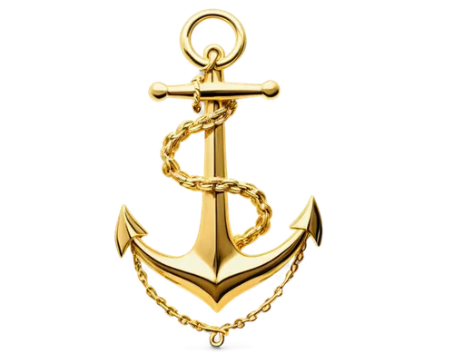 Golden anchor, logo, metallic material, 3D structure, detailed texture, reflective surface, symmetrical composition, centered anchor shape, bold font, serif typography, navy blue and golden color sche