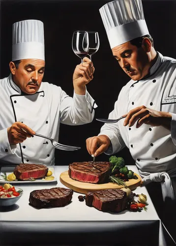 Write a dialogue between friends discussing their favorite cooking techniques for ribeye steaks.,chef's uniform,chefs,aligot,entrecote,culinary art,sicilian cuisine,chef,oil painting on canvas,churras