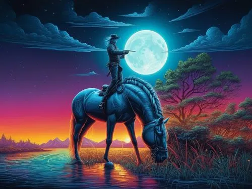 unicorn art,fantasy picture,darkhorse,unicorn background,skyhorse,blue moon,sagittarius,fantasy art,unicorn,nighthorse,horoscope taurus,cheval,quixotic,constellation unicorn,dream horse,black horse,horseman,zodiac sign libra,pegasys,sleipnir,Illustration,Realistic Fantasy,Realistic Fantasy 25