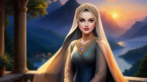 Romantic masterpiece oil painting, beautiful curvy woman portrait, tight abaya dress, nostalgic 1950's style kitsch, breathtaking beautiful epic vast landscape, majestic scenery, highly detailed, high