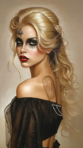 this is a painting of a woman with red lipstick,vanderhorst,fantasy art,gothic portrait,gothic woman,viveros,blonde woman,Illustration,Realistic Fantasy,Realistic Fantasy 10