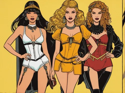 birds of prey,trinity,birds of prey-night,costumes,bad girls,costume design,halloween costumes,paper dolls,retro women,wonder woman city,the three graces,retro paper doll,fashion illustration,girl group,comic characters,witches,pop art style,trio,plastics,costume,Illustration,Vector,Vector 15